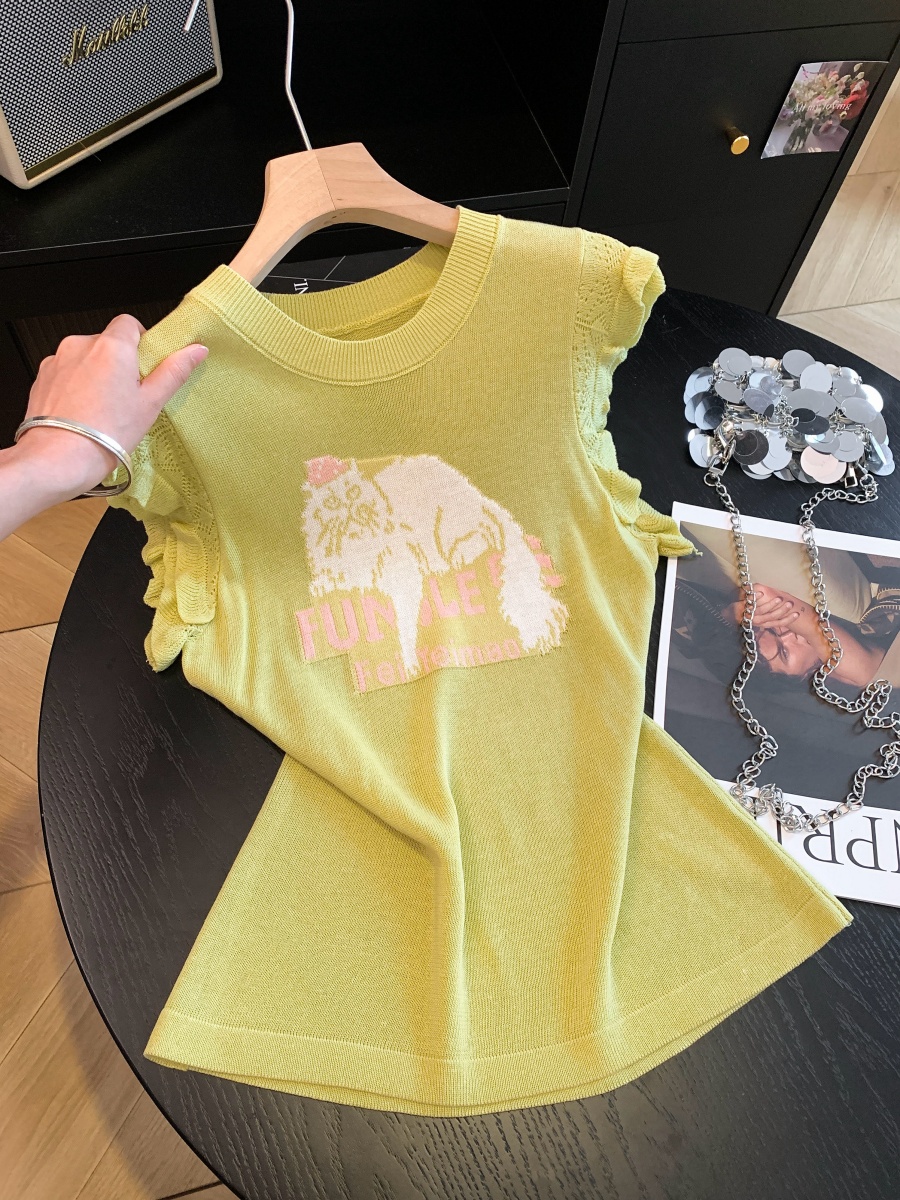 Women Summer Lace Spliced Cap Sleeve Knit Top Sweet Sleeveless Shirt - Image 3