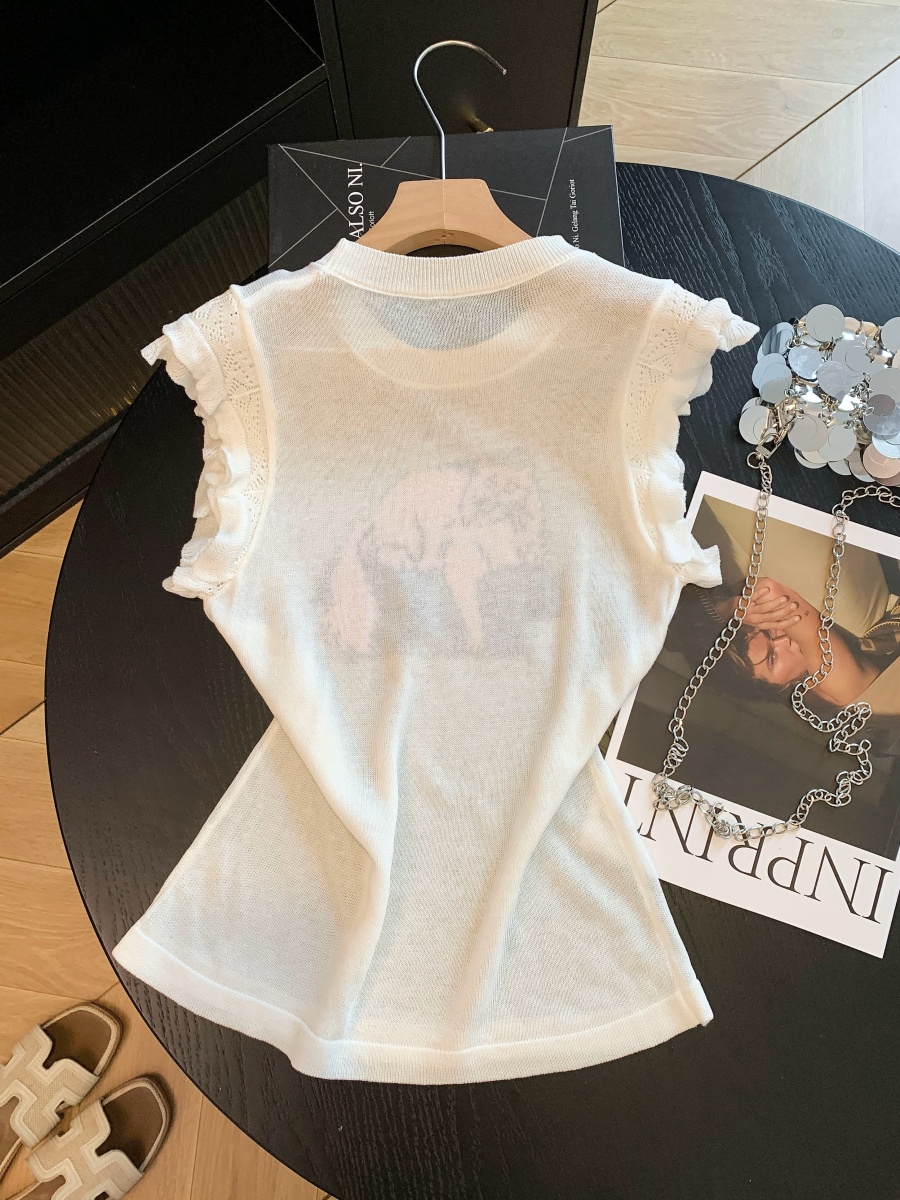 Women Summer Lace Spliced Cap Sleeve Knit Top Sweet Sleeveless Shirt - Image 4