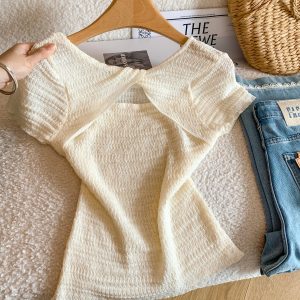 Korean Style Back Knot Cutout Short Sleeve Knit Top Slimming Summer