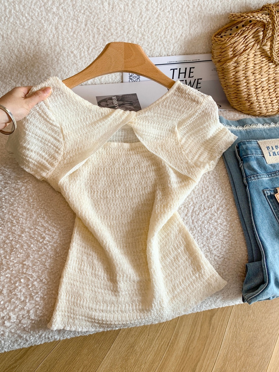 Korean Style Back Knot Cutout Short Sleeve Knit Top Slimming Summer
