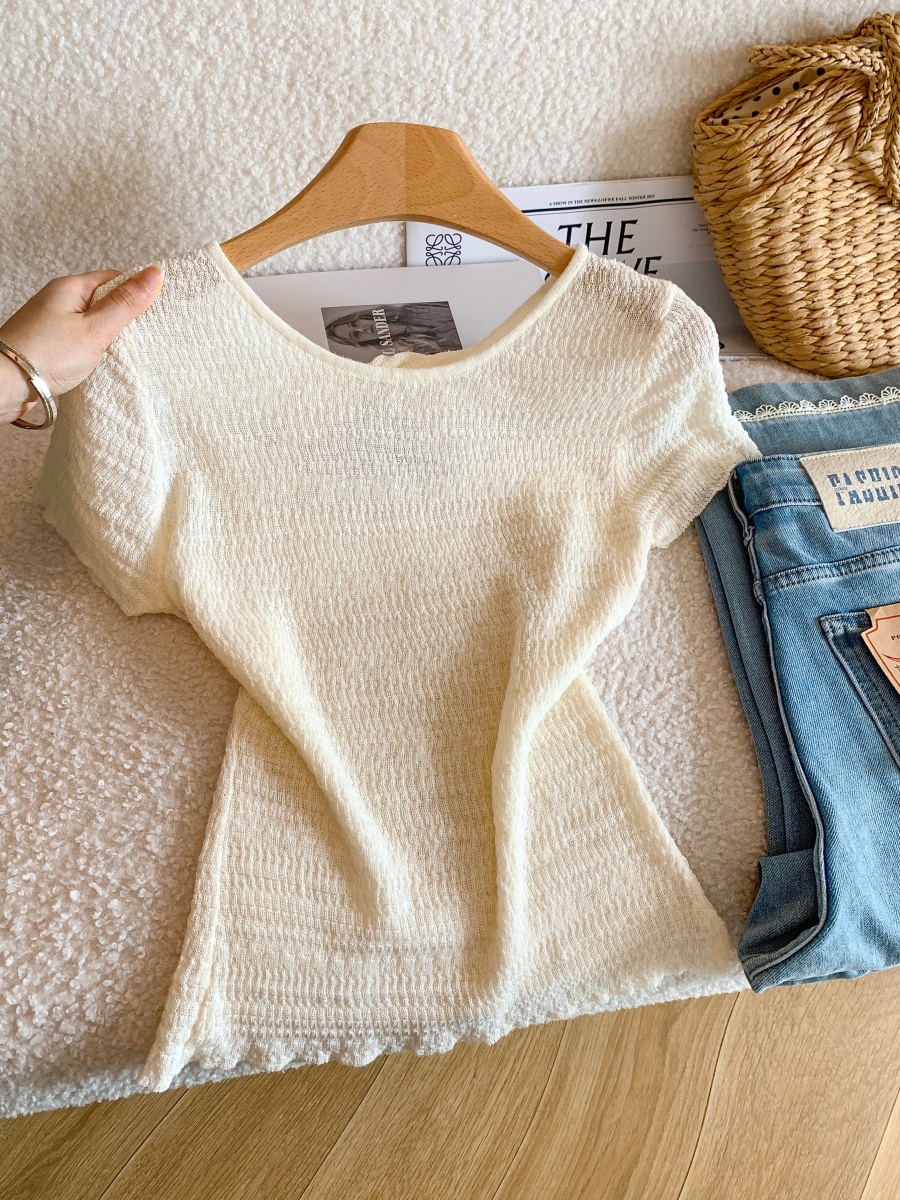 Korean Style Back Knot Cutout Short Sleeve Knit Top Slimming Summer - Image 2