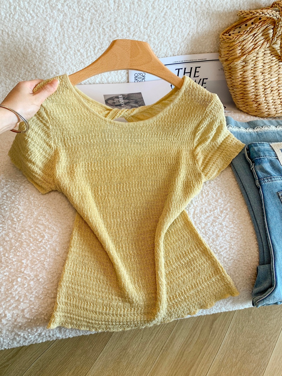 Korean Style Back Knot Cutout Short Sleeve Knit Top Slimming Summer - Image 3