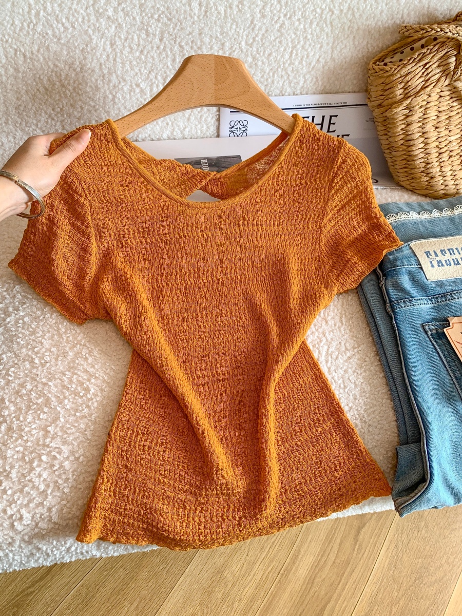Korean Style Back Knot Cutout Short Sleeve Knit Top Slimming Summer - Image 4