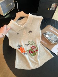 Korean Style Cat Flower Embroidered Collar Sleeveless Knit Vest Women 2026 Summer Loose Polo Top - Style c15894