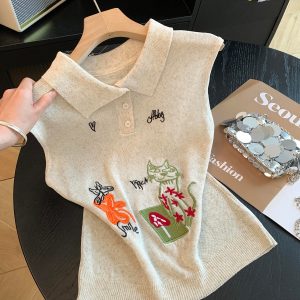 Korean Style Cat Flower Embroidered Collar Sleeveless Knit Vest Women 2026 Summer Loose Polo Top - Style c15894