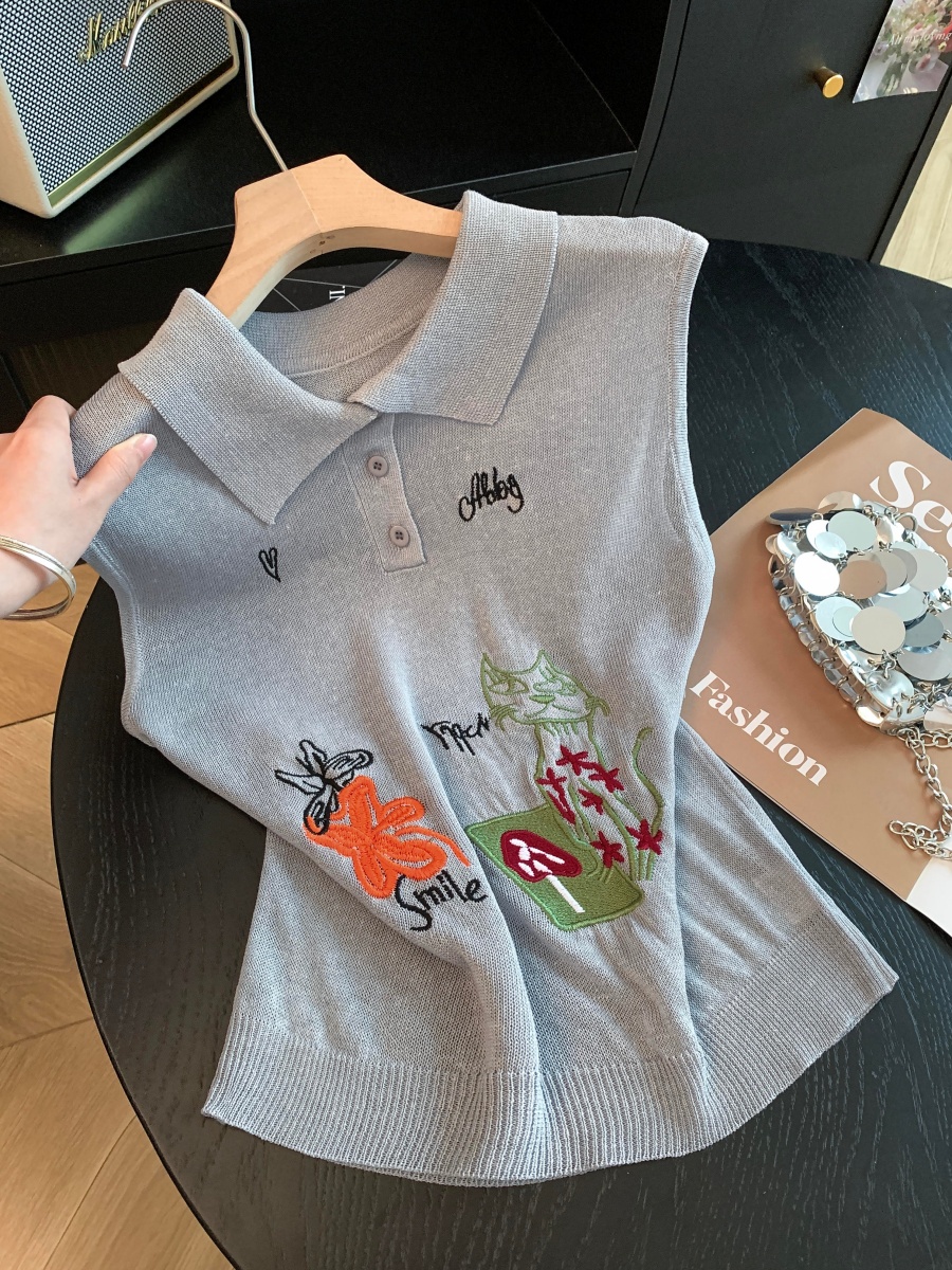Korean Style Cat Flower Embroidered Collar Sleeveless Knit Vest Women 2026 Summer Loose Polo Top - Style c15894 - Image 2