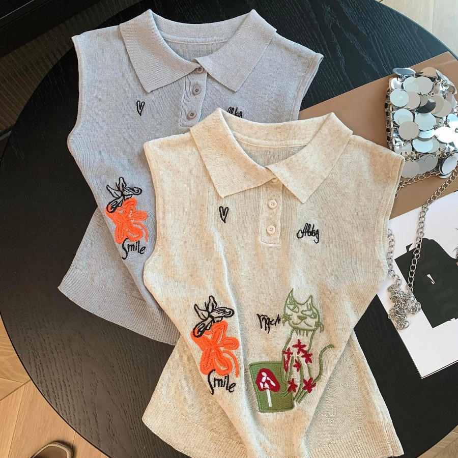 Korean Style Cat Flower Embroidered Collar Sleeveless Knit Vest Women 2026 Summer Loose Polo Top - Style c15894 - Image 5