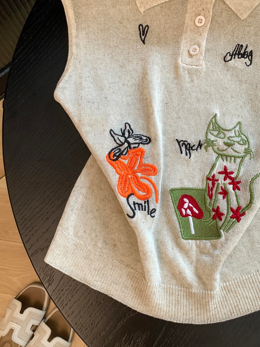 Korean Style Cat Flower Embroidered Collar Sleeveless Knit Vest Women 2026 Summer Loose Polo Top - Style c15894 - Image 4