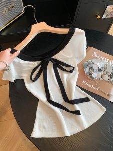 French Style Off-Shoulder Bow Tie Knit Top Women 2026 Summer