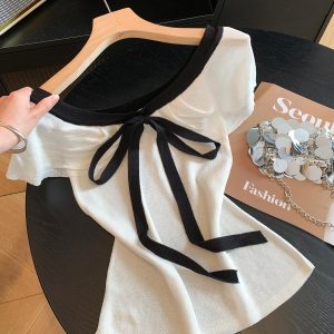 French Style Off-Shoulder Bow Tie Knit Top Women 2026 Summer
