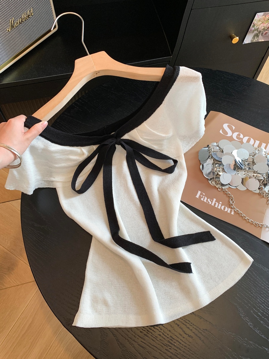 French Style Off-Shoulder Bow Tie Knit Top Women 2026 Summer