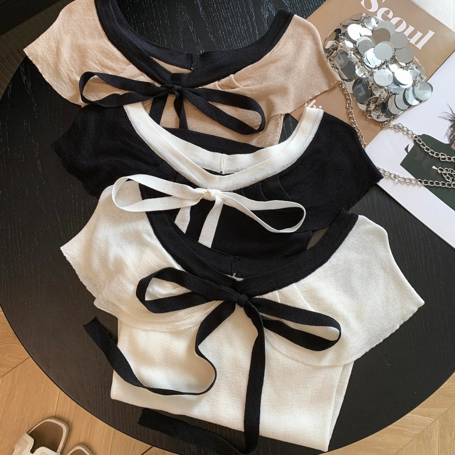 French Style Off-Shoulder Bow Tie Knit Top Women 2026 Summer - Image 5
