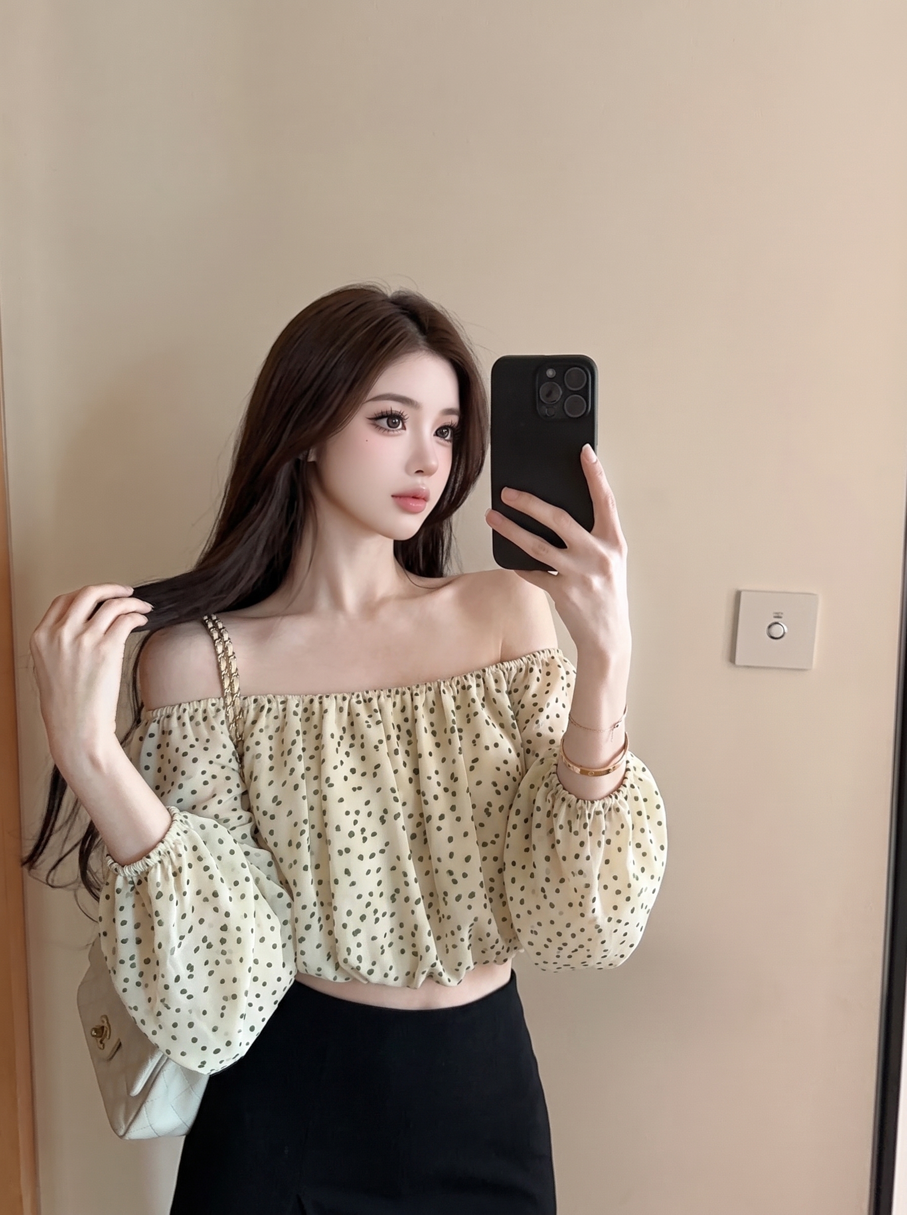 Women's French Off-Shoulder Polka Dot Shirt Summer 2026 Long Sleeve - Image 4