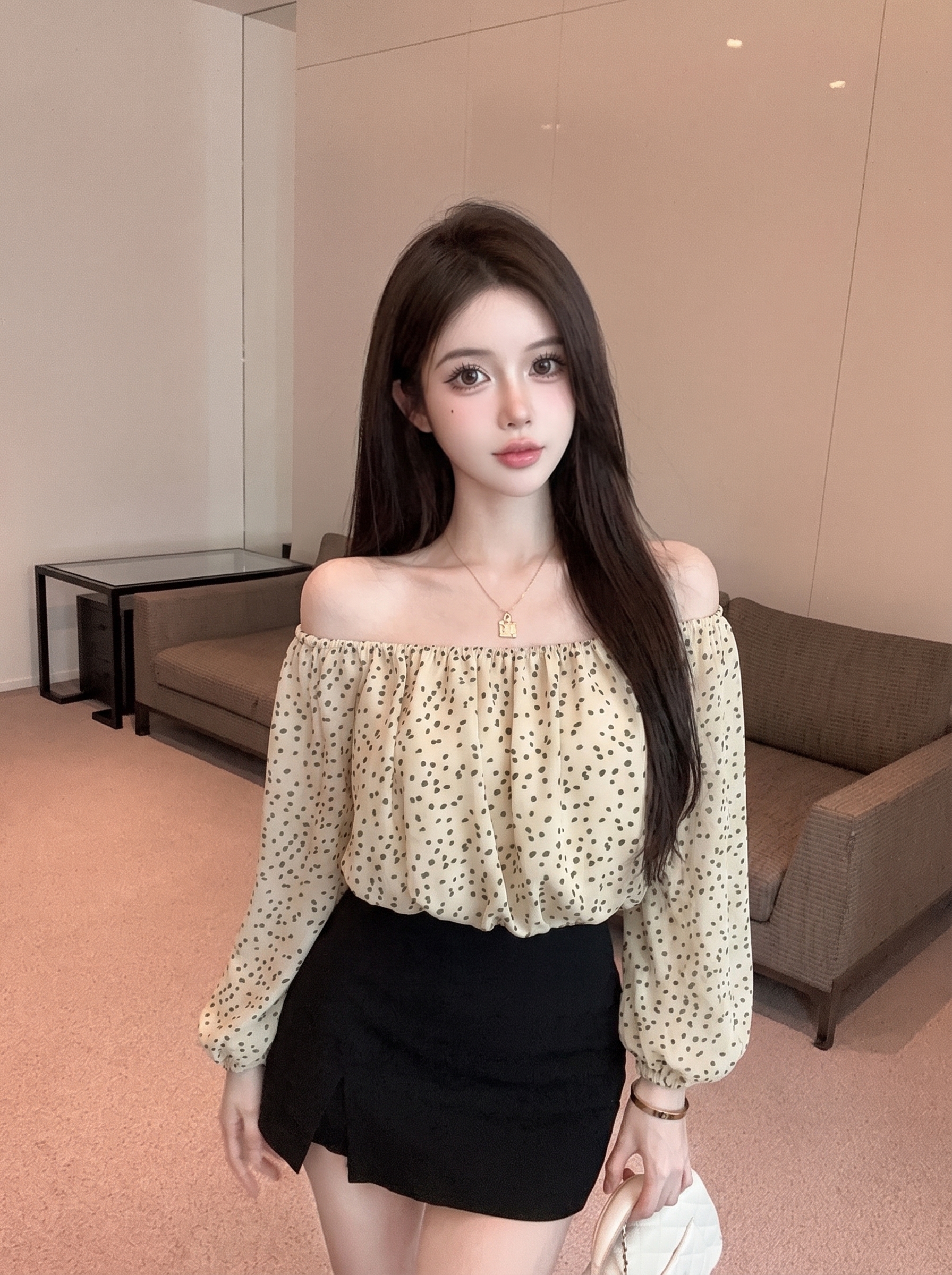 Women's French Off-Shoulder Polka Dot Shirt Summer 2026 Long Sleeve - Image 3