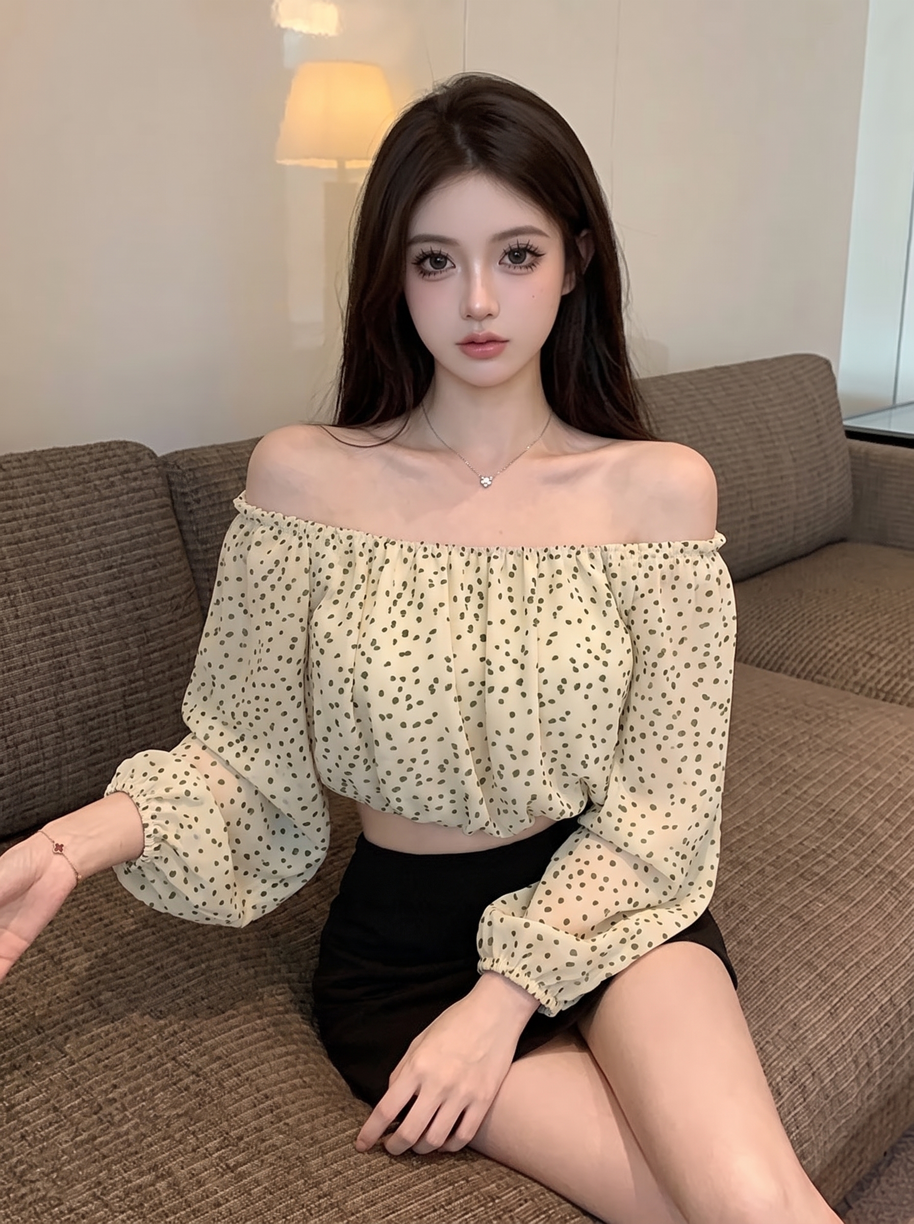 Women's French Off-Shoulder Polka Dot Shirt Summer 2026 Long Sleeve - Image 2