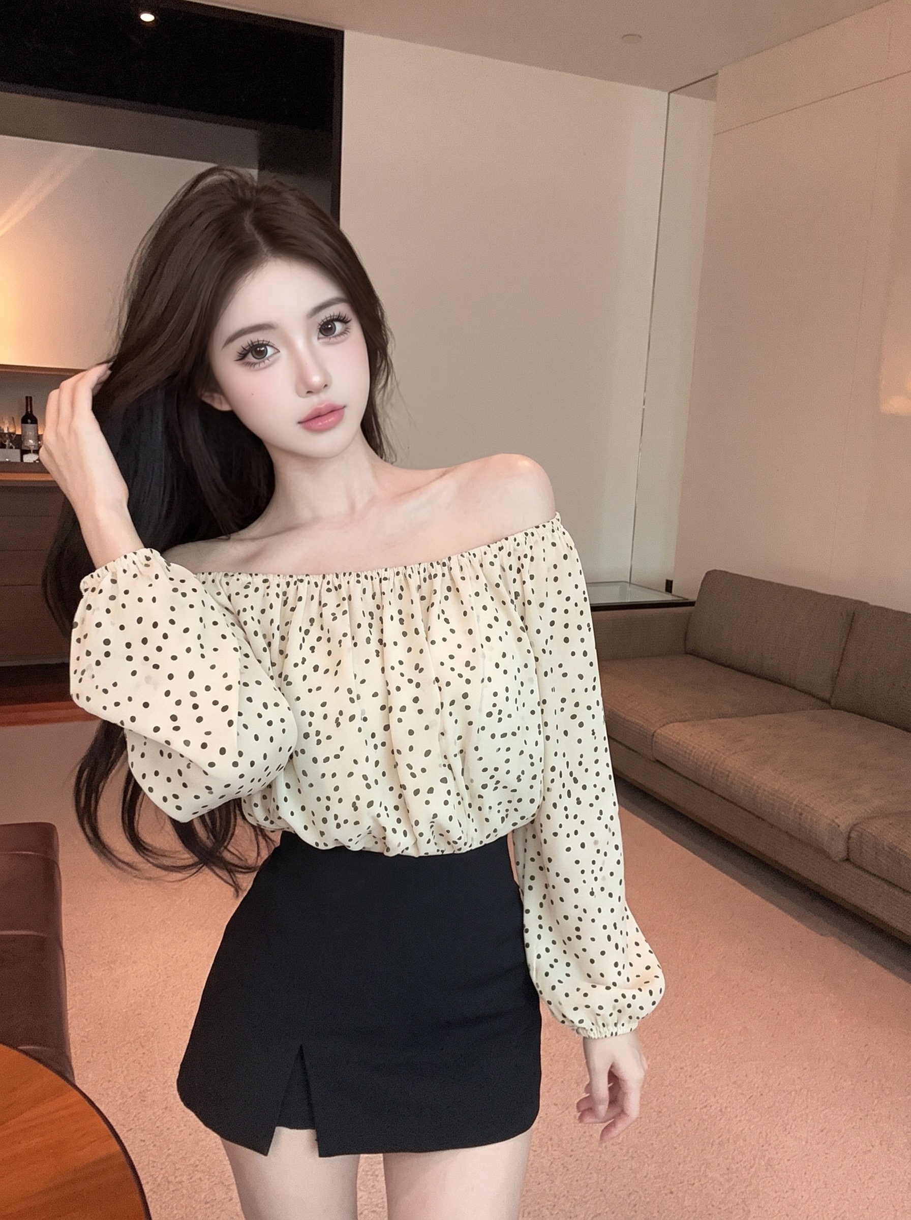 Women's French Off-Shoulder Polka Dot Shirt Summer 2026 Long Sleeve