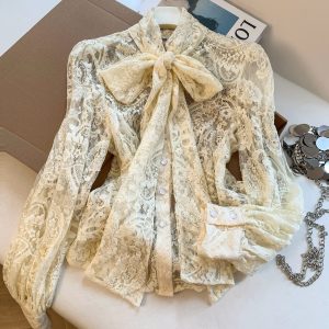 Women's Lace Bow Flare Sleeve Shirt Summer Loose Fit Commute Top