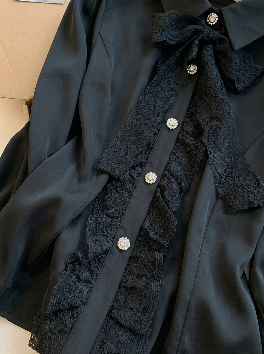Elegant Bow Collar Flare Sleeve Lace Panel Shirt for Women - Image 4