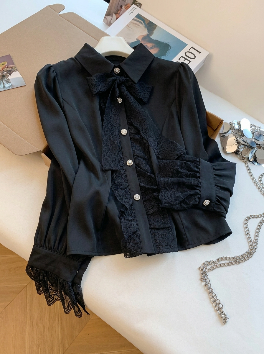 Elegant Bow Collar Flare Sleeve Lace Panel Shirt for Women - Image 2