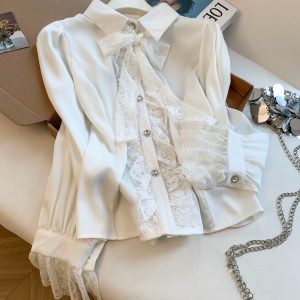 Elegant Bow Collar Flare Sleeve Lace Panel Shirt for Women