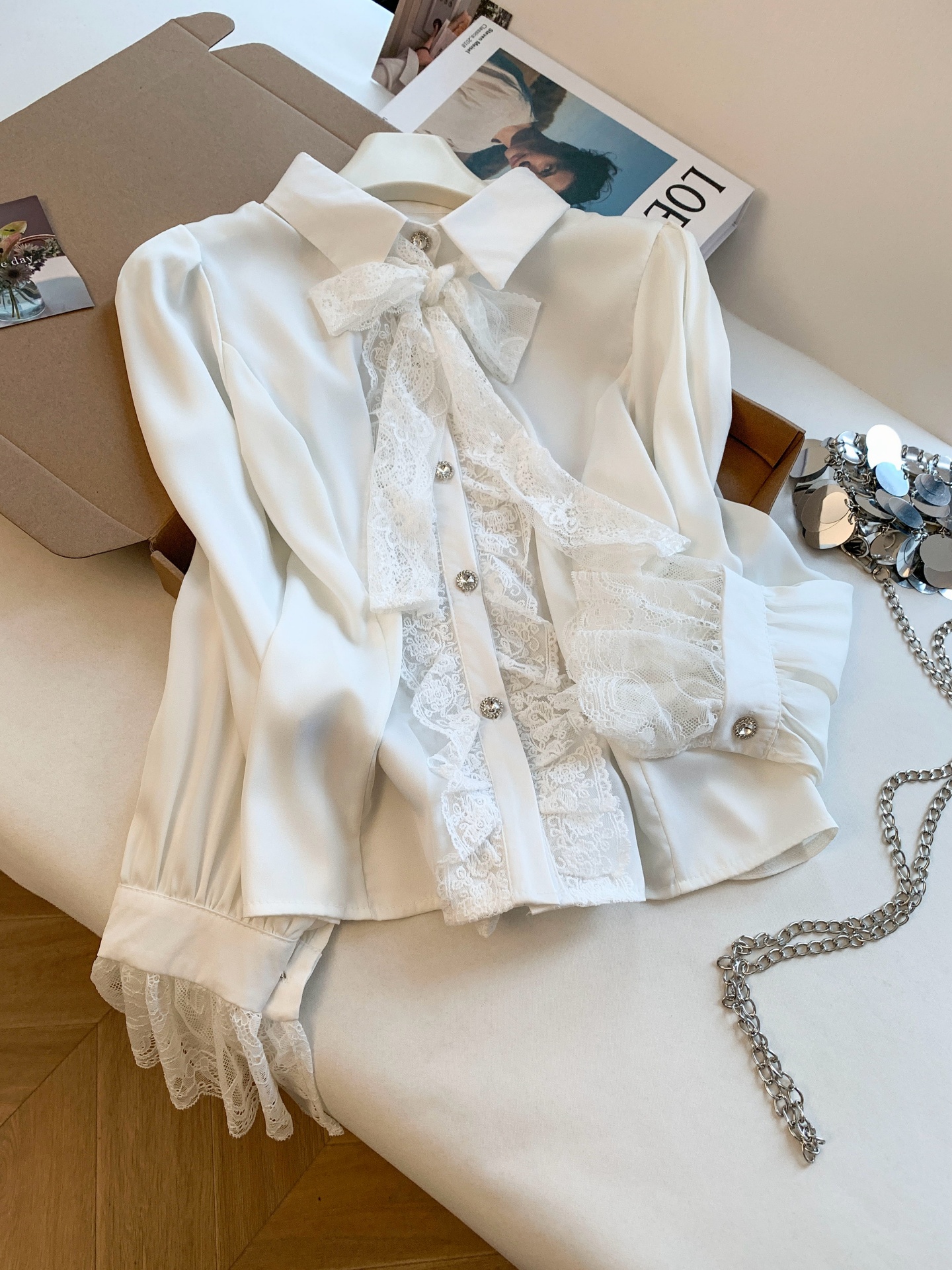 Elegant Bow Collar Flare Sleeve Lace Panel Shirt for Women