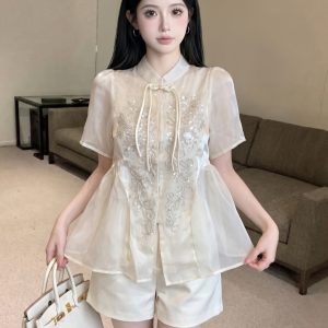 French Court Style Sequin Pankou Short Sleeve Shirt New Chinese Loose Fit Top