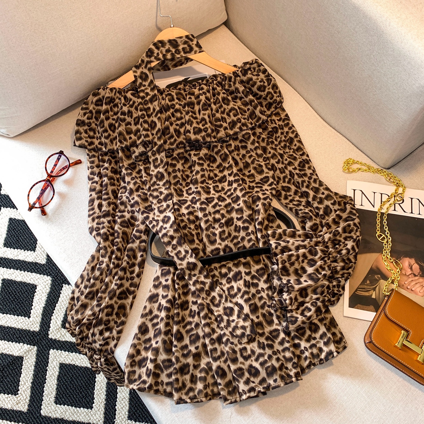 Women's Leopard Print One-Shoulder Ruffle Long-Sleeve Shirt - Image 5