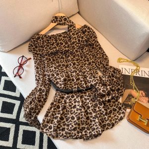Women's Leopard Print One-Shoulder Ruffle Long-Sleeve Shirt