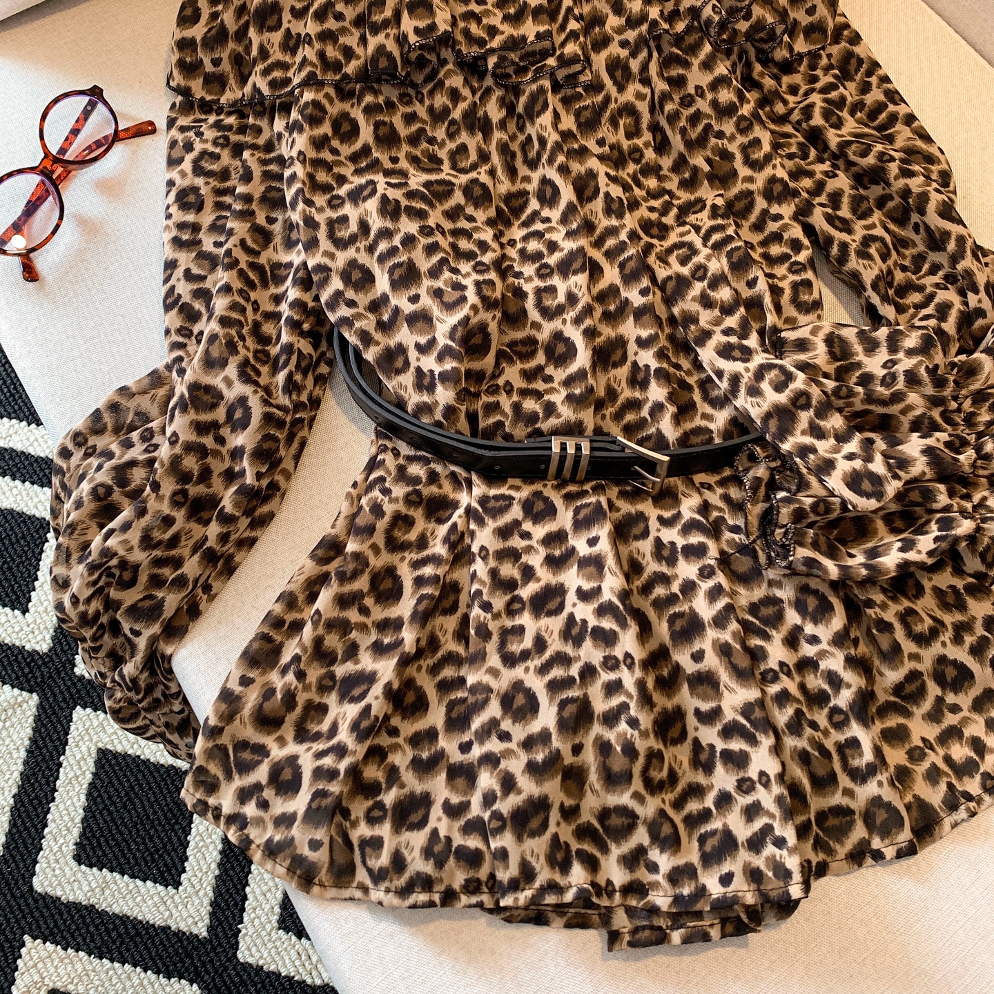 Women's Leopard Print One-Shoulder Ruffle Long-Sleeve Shirt - Image 4
