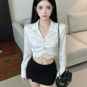 French V-Neck Long Sleeve Satin Shirt Women Slim Fit Cropped Blouse with Tie