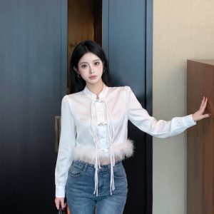 New Chinese Style Light National Style Button Top Women Early Autumn New Arrival Tassel Design Niche White Shirt