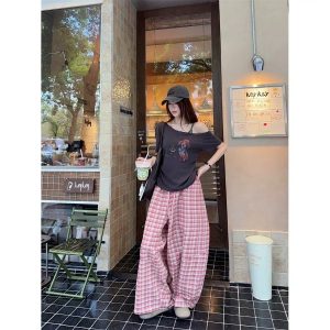 Pink Plaid Wide-Leg Casual Pants 2026 Summer New Versatile Literary Long Pants