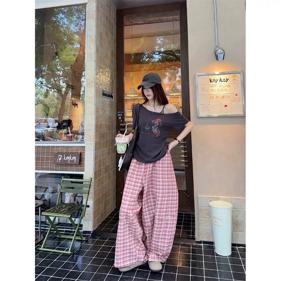 Pink Plaid Wide-Leg Casual Pants 2026 Summer New Versatile Literary Long Pants