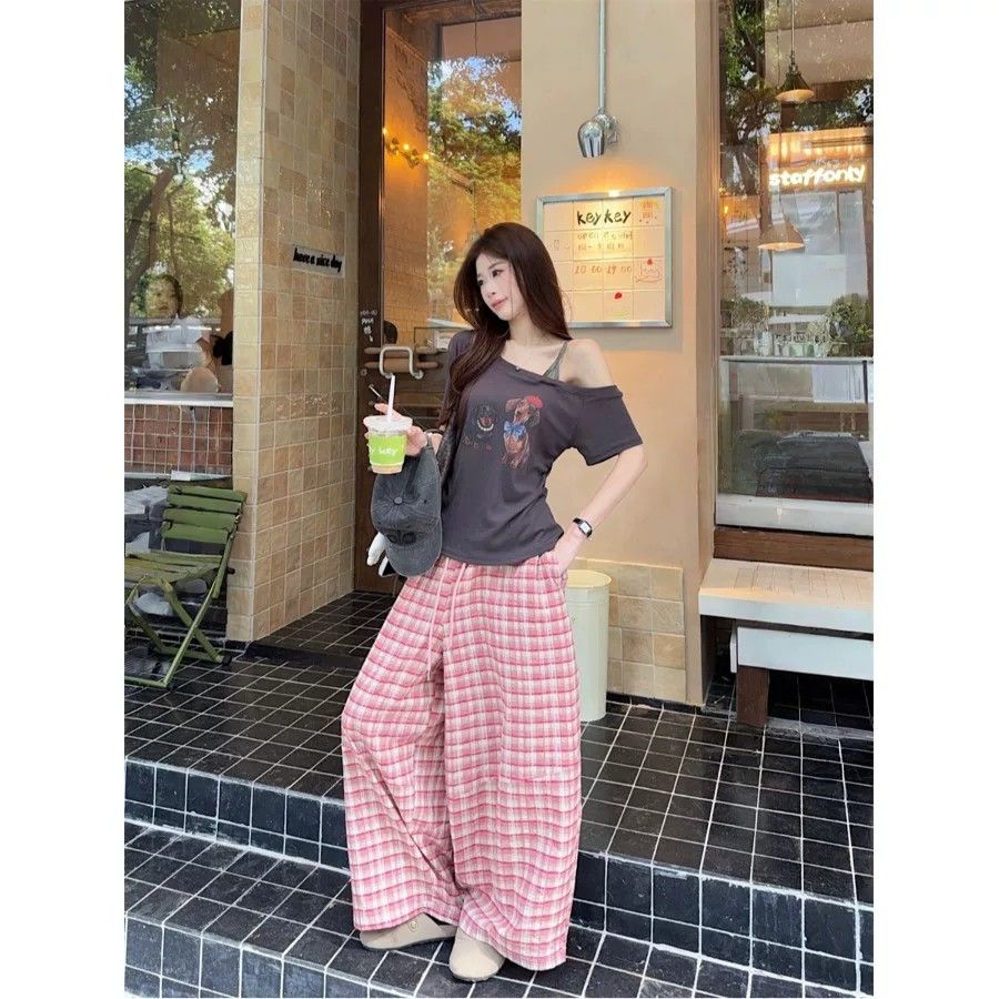 Pink Plaid Wide-Leg Casual Pants 2026 Summer New Versatile Literary Long Pants - Image 2