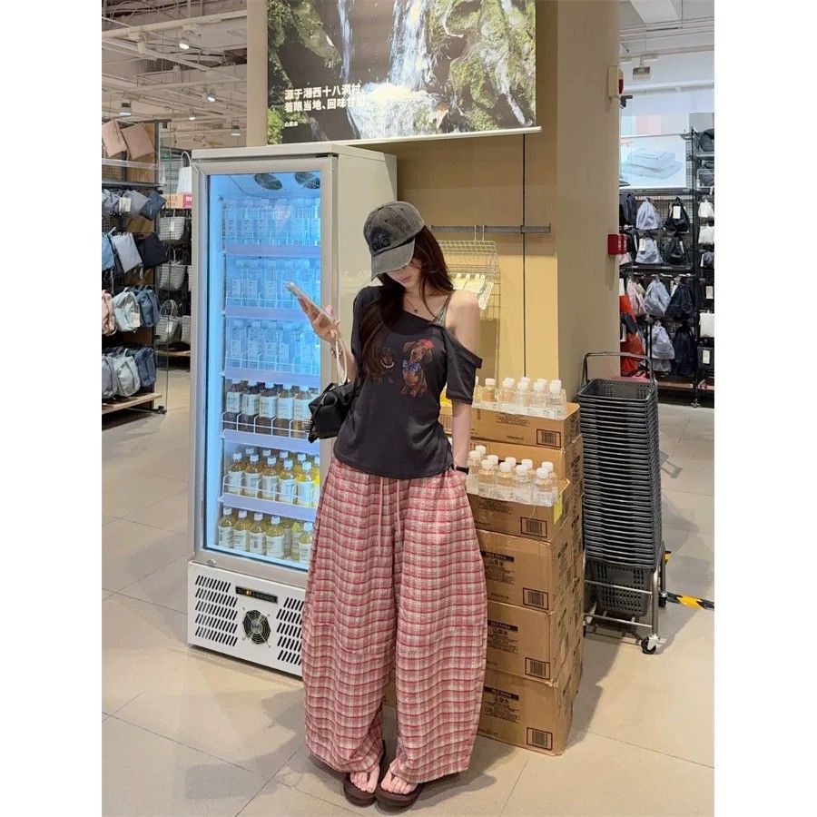 Pink Plaid Wide-Leg Casual Pants 2026 Summer New Versatile Literary Long Pants - Image 3