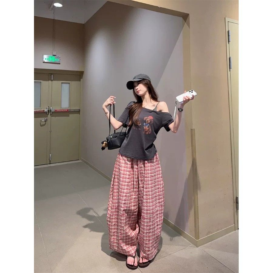 Pink Plaid Wide-Leg Casual Pants 2026 Summer New Versatile Literary Long Pants - Image 4
