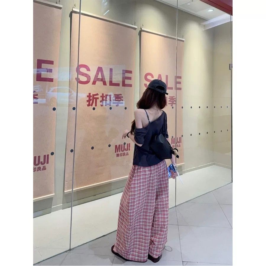 Pink Plaid Wide-Leg Casual Pants 2026 Summer New Versatile Literary Long Pants - Image 5