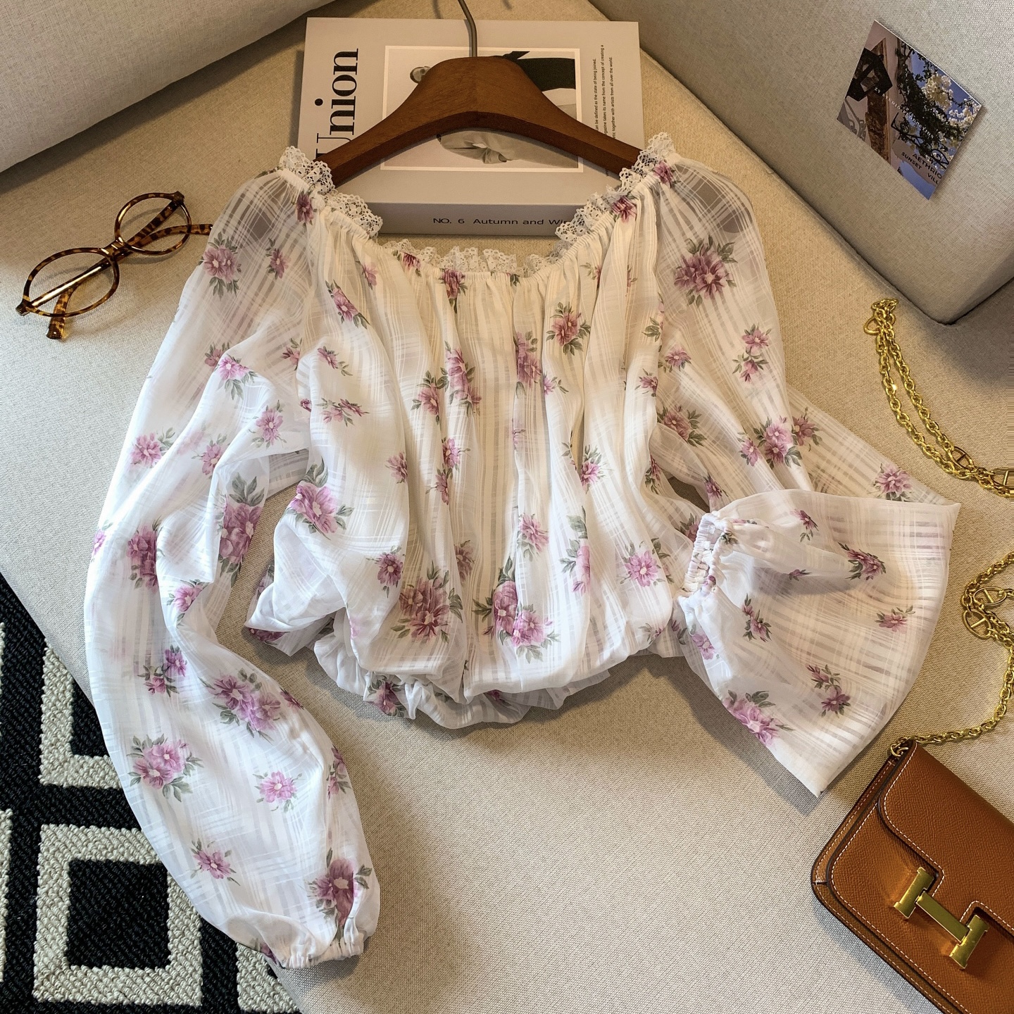 Women's Floral Off-Shoulder Long-Sleeve Shirt French Style Short Casual Top - Image 5
