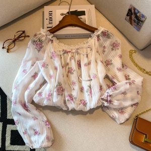Women's Floral Off-Shoulder Long-Sleeve Shirt French Style Short Casual Top
