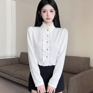 French Court Style Puff Sleeve Satin Shirt Women Short Autumn Ruffle Lace Stand Collar Long Sleeve Top